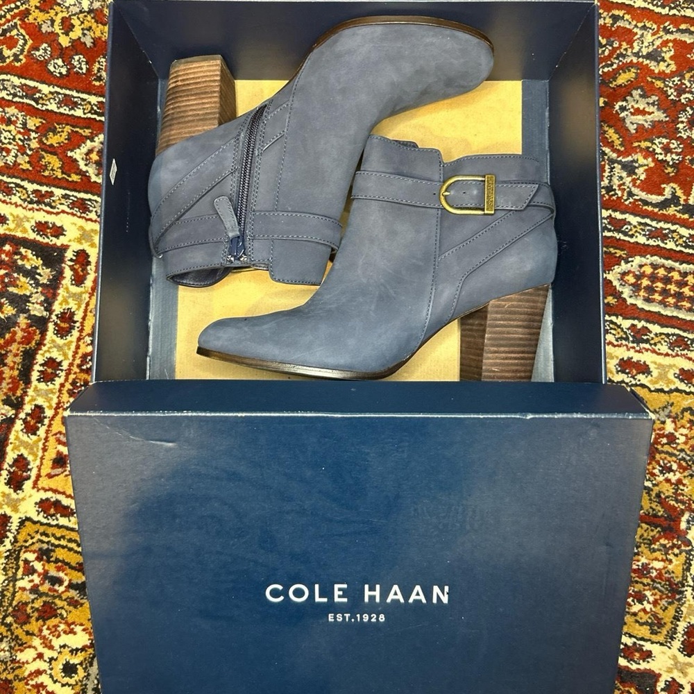 Cole Haan Cassidy strap bootie mini navy blue suede booties